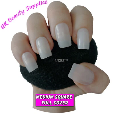 UK BEAUTY SUPPLIES 500x Square Medium False Nails NATURAL Full Cover Glue On Tips - UK SELLER