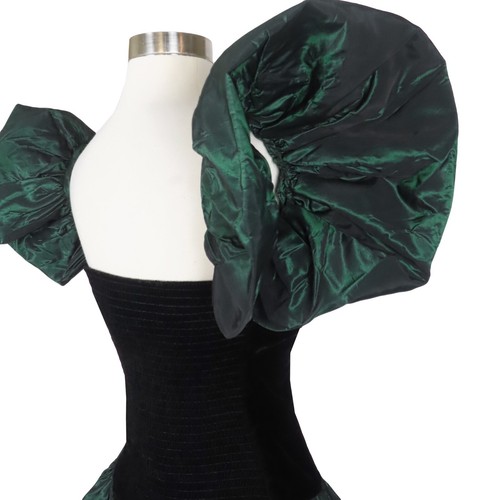 Vintage 80s Green Taffeta Black Velvet Bubble Full Skirt Prom Party Dress XXS XS - Picture 7 of 12