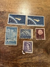 6 francobolli vintage (Regina Elisabetta II, Progetto Mercurio, Monticello, Q Giuliana)