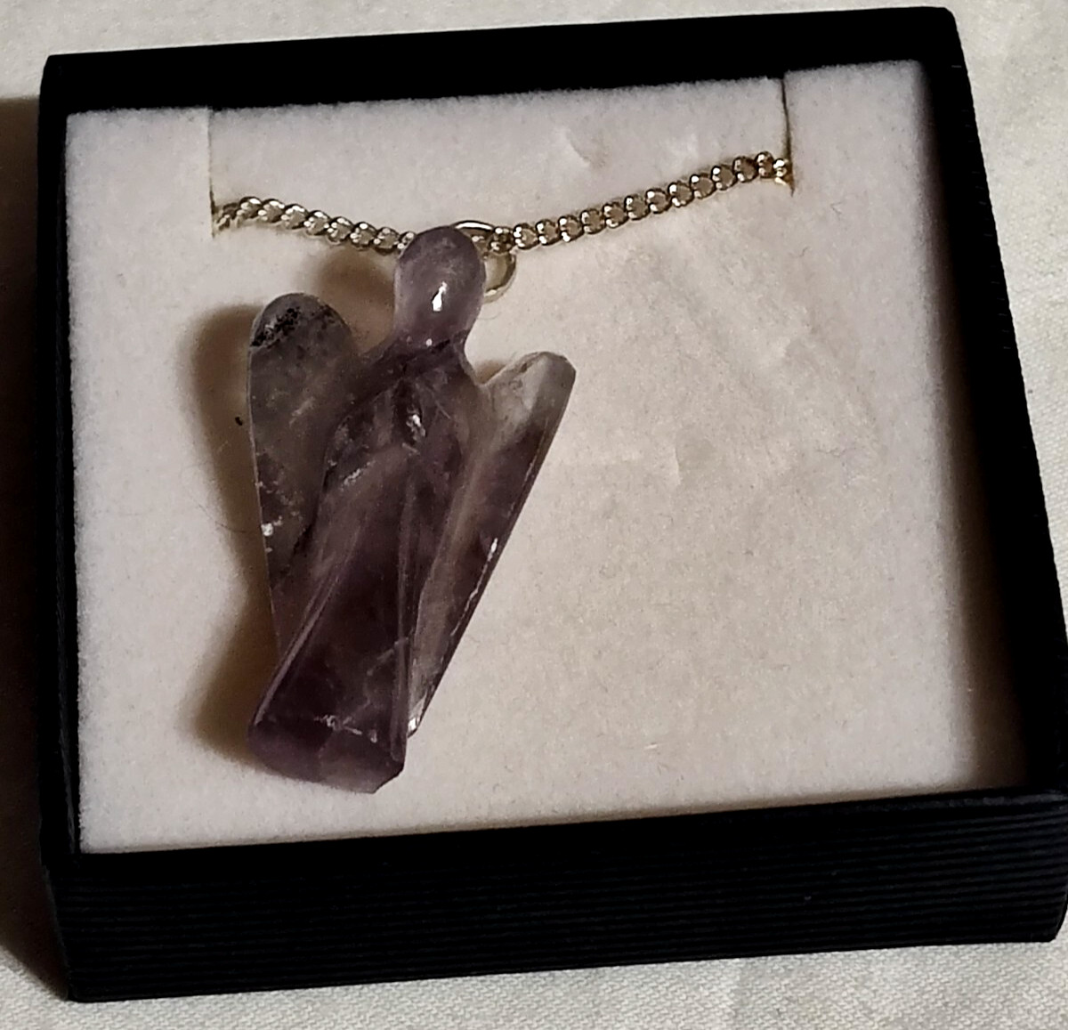 ~ Amethyst Angel Shaped Stone Necklace Silver-tone Chain Safety Clasp Box VTG