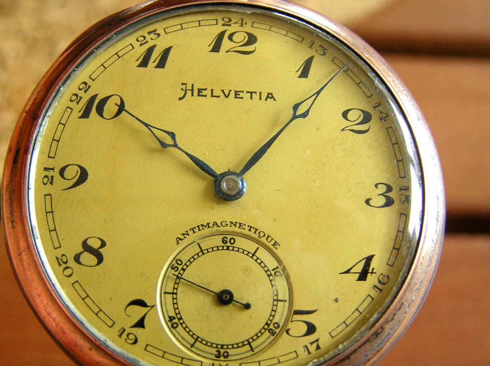 RELOJ BOLSILLO HELVETIA ANTIGUO MILITAR IMPORTACIÓN PLATA FRAN BOLIDAN ESFERA METÁLICA Foto 2 de 4