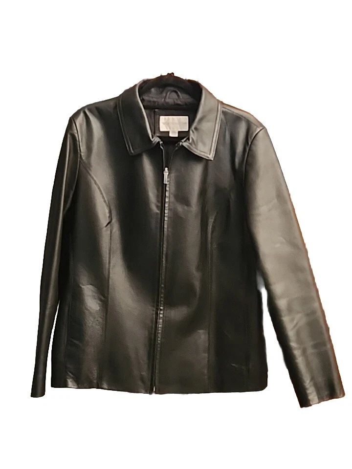 Chaqueta de cuero forrada con cuello negro para mujer cremallera completa Worthington vintage talla L”