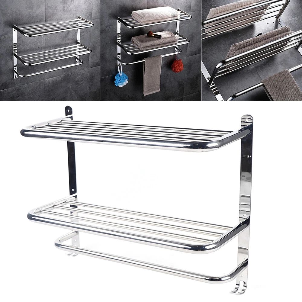 2 Tier Wall Mounted Towel Rack Bathroom Hotel Rail Holder Storage