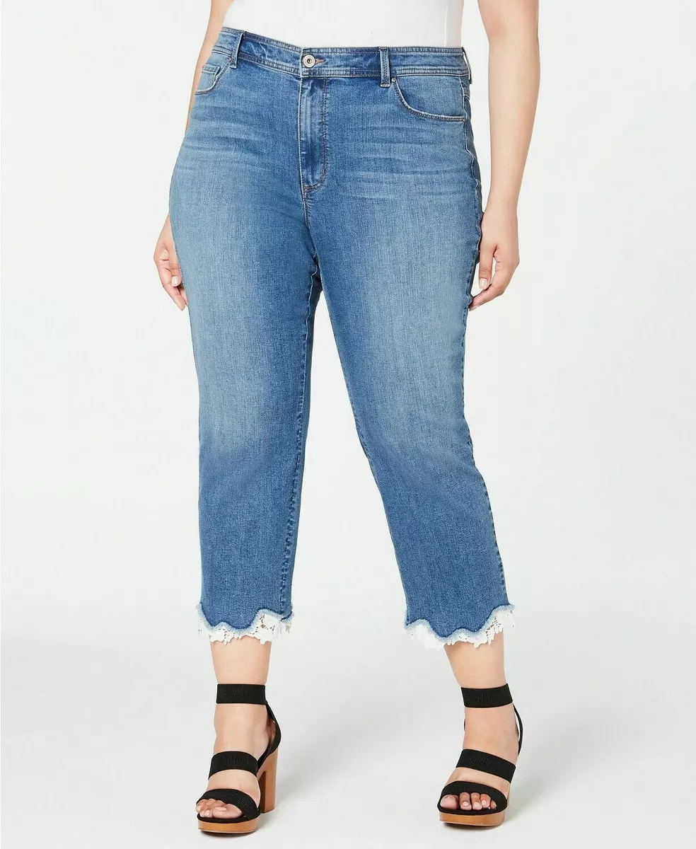 New INC Women s Plus Size 24W Skinny Leg Lace Trim Cropped Indigo Jeans