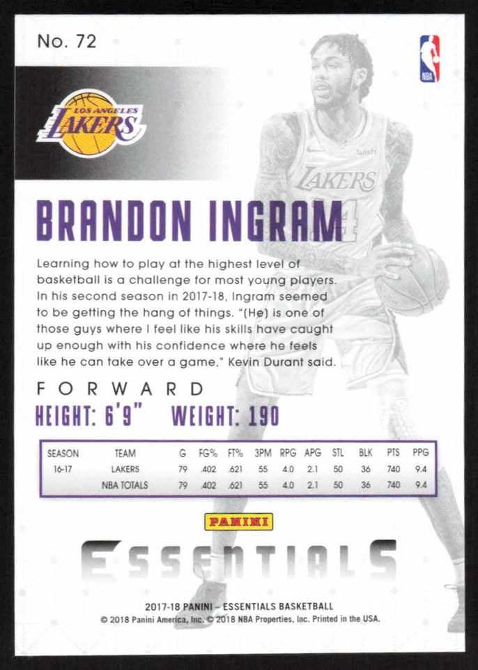 2017-18 Panini Essentials Silver #72 Brandon Ingram /99 Los Angeles Lakers - Image 2 of 2