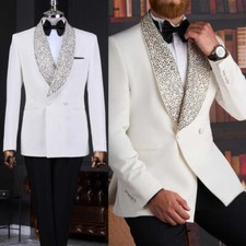 Men's White Luxury Diamonds Lapel Jacket for Wedding Banquet Evening Party Wear