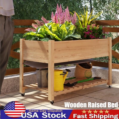 Outdoor Wooden Raised Garden Bed 48x24x30in Elevated Box with Wheels Waterproof
