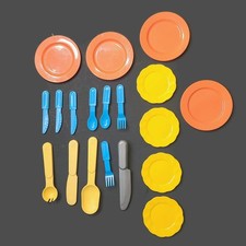 LOT OF 19 Vintage Pretend Play Kitchen Toys Dishes Utensils Plates Forks Knives