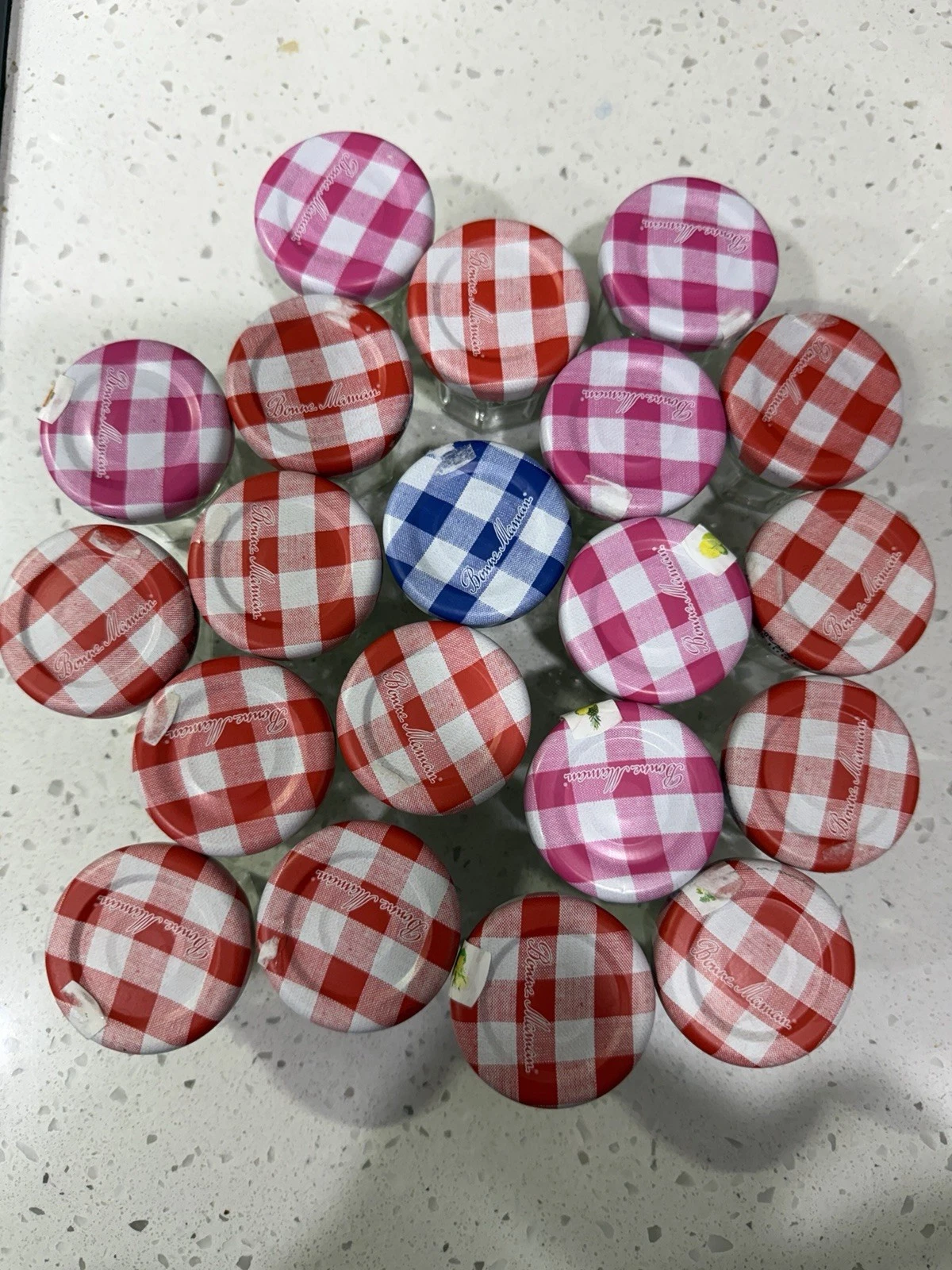 20 x Bonne Maman Mini 1 Oz Glass Jars with 24 Multicolor Gingham Lids, No Label