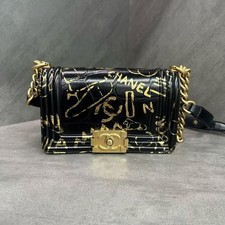 Auth Chanel Egypt Limited Small Boy Chanel Bag Black Gold Graffiti Leather
