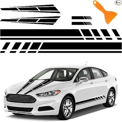 6PCS Racing Stripes for Cars - 2PCS Car Hood Decal + 2 Car Side D Color: Black