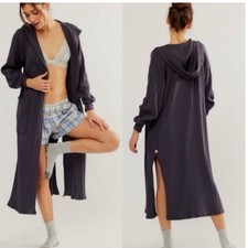 Intimately Free People Ribbed Longline Hooded Cardigan Duster Charcoal Gray S