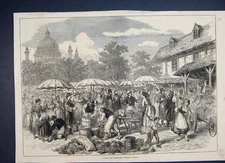 Original Old Antique Print 1873 Fruit Vegetable Market Vienna 19th