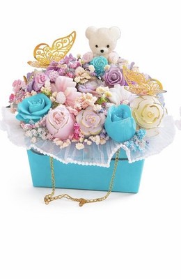  Artificial Rose Flower Box Arrangement with Bear & Butterfly Decor 