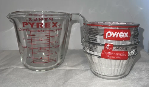 Pyrex 4 Pack Custard Cups 6 oz, New In Package & a Pyrex Measuring Cup,Used- OL