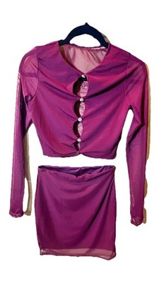 Purple Mesh Long Sleeve Crop Top Round Neck Skirt Set 2 Piece Party Outfit