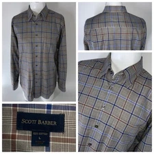 Scott Barber Button-Up Shirt Men’s L Tan Blue Brown Plaid 100% Cotton YGI S5-203