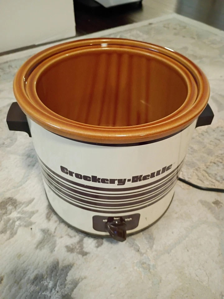 Vintage Brown Tan Stripe Crockery Kettle/ Slow Cooker Glass Lid Tested Crock Pot - Image 2 of 4