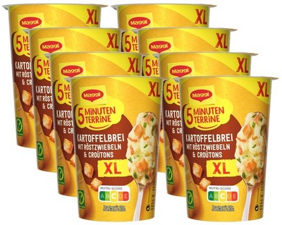 Maggi 5 Minuten Terrine XL Kartoffelbrei Röstzwiebeln Croutons 8er Pack 608g