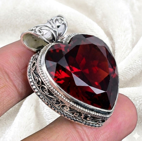 Mozambique Garnet Heart Gemstone Handmade 925 Sterling Silver Jewelry Pendant 2"