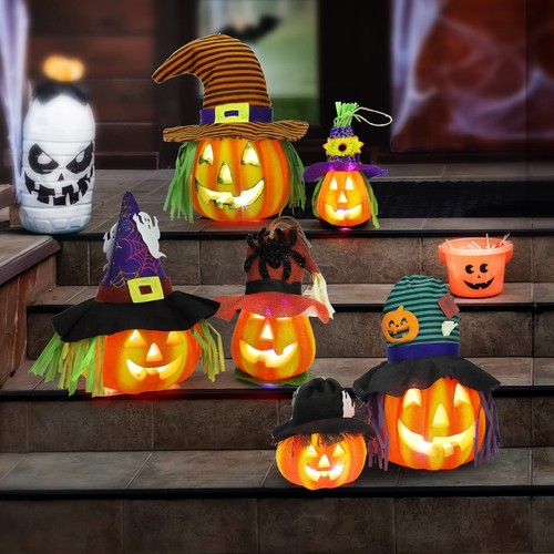 6-Pack LED Light-Up Jack-o'-Lantern Set - Halloween Pumpkin Prop Decorations ...