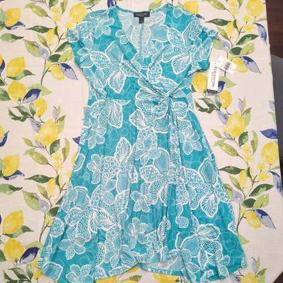 NWT Perceptions New York Blue Floral Wrap A-line Dress Size PL Beachy $69 retail