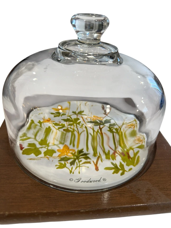 Bandeja de galletas de queso Cloche vintage de teca Goodwood con cúpula de vidrio tablero narciso Foto 3 de 4