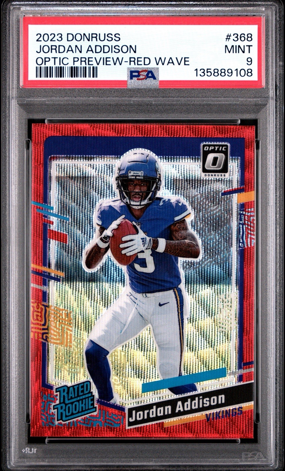 JORDAN ADDISON 2023 DONRUSS RATED ROOKIE OPTIC RED WAVE PREVIEW RC #368 PSA 9