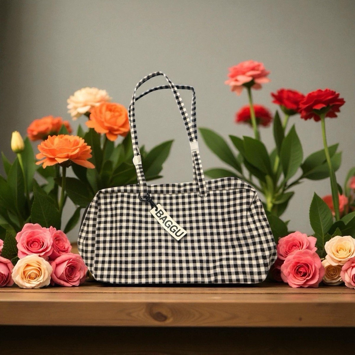 Baggu Medium Nylon Bowler Bag Black White Gingham New Sold Out | eBay