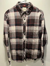 Simms Fishing Shirt Men Medium Lightweight Flannel Button Beige Rust Brown Plaid