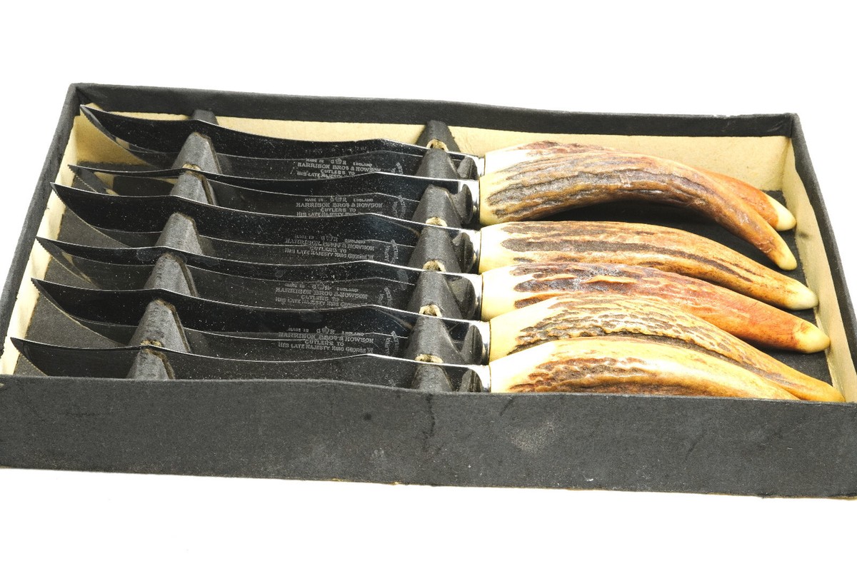Vintage Harrison Bros & Hawson 6 Stag Handle Steak Knives