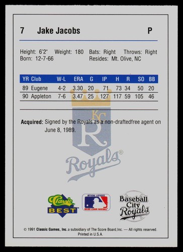 1991 Classic Best Jake Jacobs Baseball City Royals - Bild 2 von 2