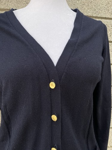 Ann Taylor Damen Strickjacke marineblau gold Knopfleiste Größe S 3/4 Ärmel Taschen - Bild 2 von 11