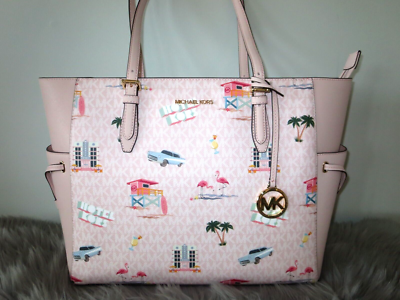 MICHAEL KORS GILLY PINK MIAMI BEACH FLAMINGO LARGE TRAVEL ZIP TOTE