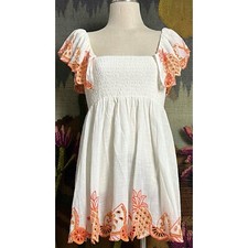 Anthropologie Embroidered Whimsical White Flutter Sleeve Fruit Dress L