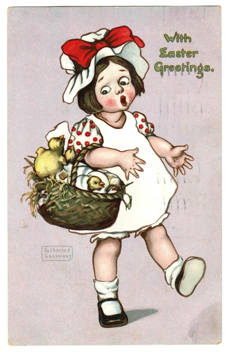 EASTER POSTCARD KATHERINE GASSAWAY GIRL WITH BASKET OF CHICKS 1908