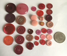 Vintage Red Pink Button Lot 32pc Mixed Shank 2 & 4 Hole Sewing Craft