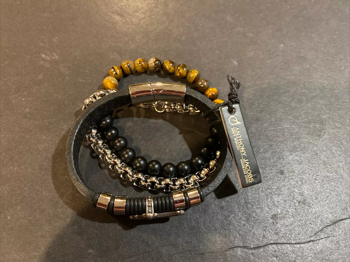Anthony Jacobs Stainless Steel Leather Tiger Eye Men s Jewelry 3pc