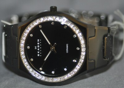 Skagen Ladies Black Dial Swarovski Crystal Bezel Black Ceramic Watch 813LXBC