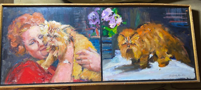Maryann Matlock-Hinkle (1941 - 2008) ''A Woman & Her Cats '' Diptych Oil Painting