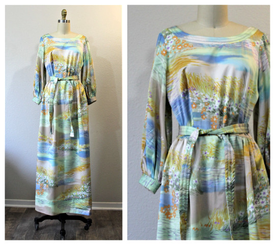 Vintage 60s Julie Miller California Monet landscape Floral Art print Maxi Dress