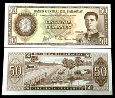 Paraguay 50 Guaranies 1952 Banknote World Paper Money UNC Currency Bill