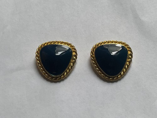Vintage Pair Signed Bluette Made in France Gold-tone Navy Blue Enamel Shoe Clips - Picture 2 of 9