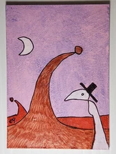 e9Art ACEO crow masked person, top hat, moon outsider art brut naive