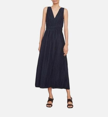 Vince Navy Pleated Double V-Neck Mici Dress Size S
