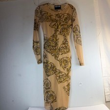 Versace Jeans Couture Baroque Print Mesh Midi Dress Long Sleeve Gold Black C7