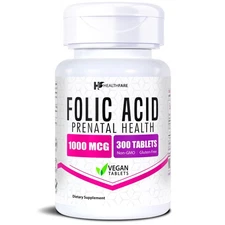 Healthfare Folic Acid 1000mcg 300 Tab Folate Vitamin B9 Water-Soluble Made in US