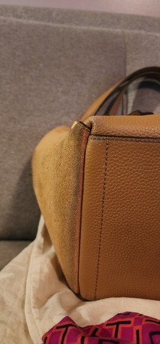 Tory Burch McGraw Dragonfly Drawstring Tote Shopper Tan Suade Bag Used READ - Picture 11 of 19