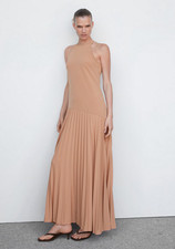 NWT MANGO MNG COFFEE PLEATED PANEL MAXI DRESS  SZ S US 4