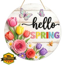 PETCEE Hello Spring Door Sign 11.5" Welcome Farmhouse Porch Floral Decor